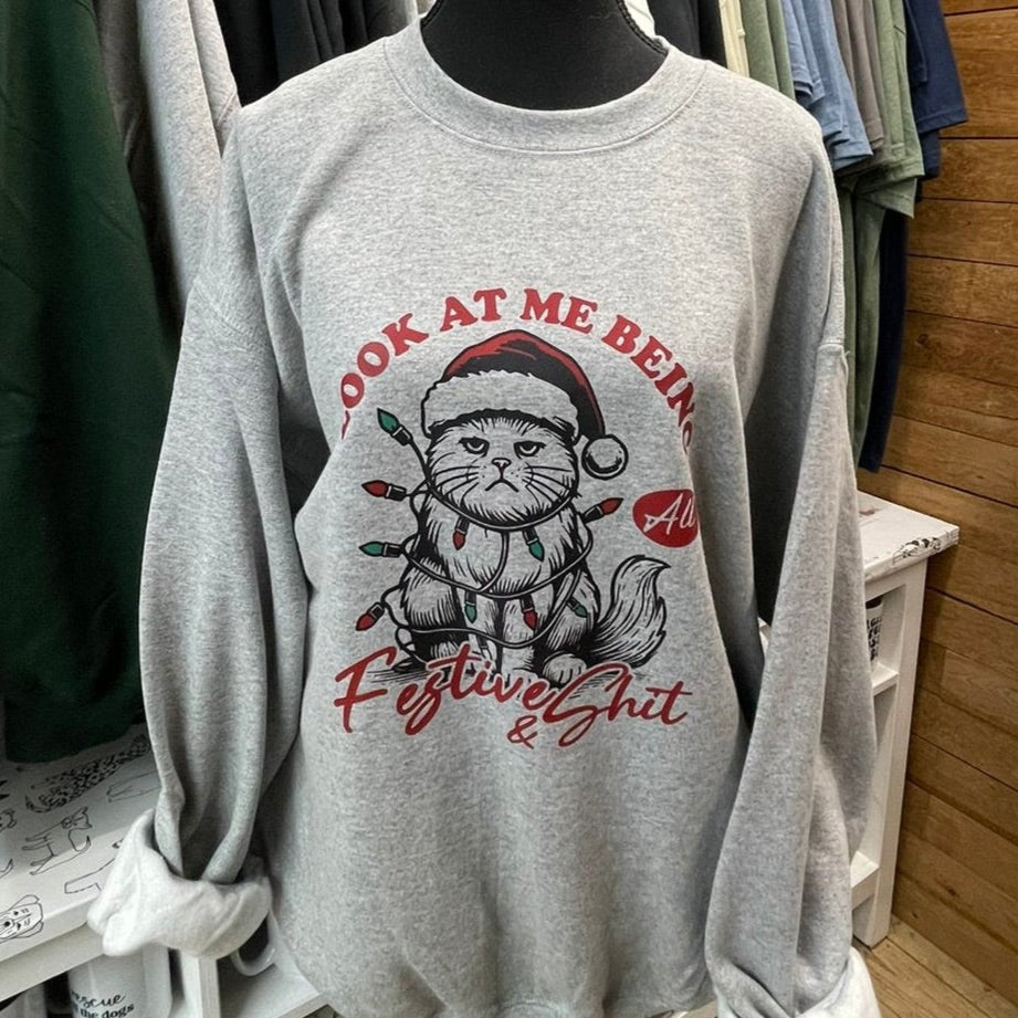 A gray sweater with a graphic print of a cat wearing a Santa hat and the text 'Look at me, being all festive & shit'