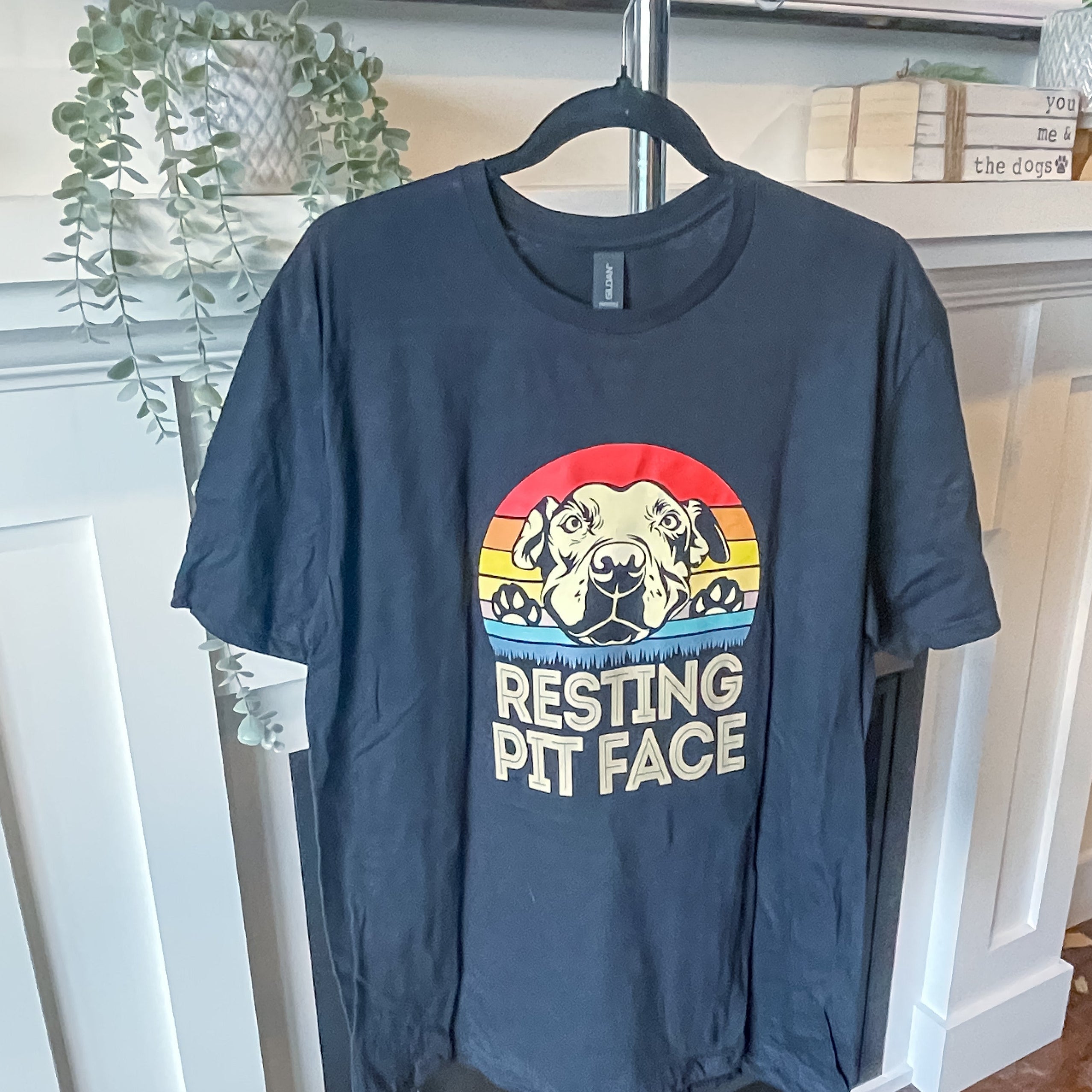 Navy blue t-shirt with 'Resting Pit Face' graphic on a hanger in a room.
